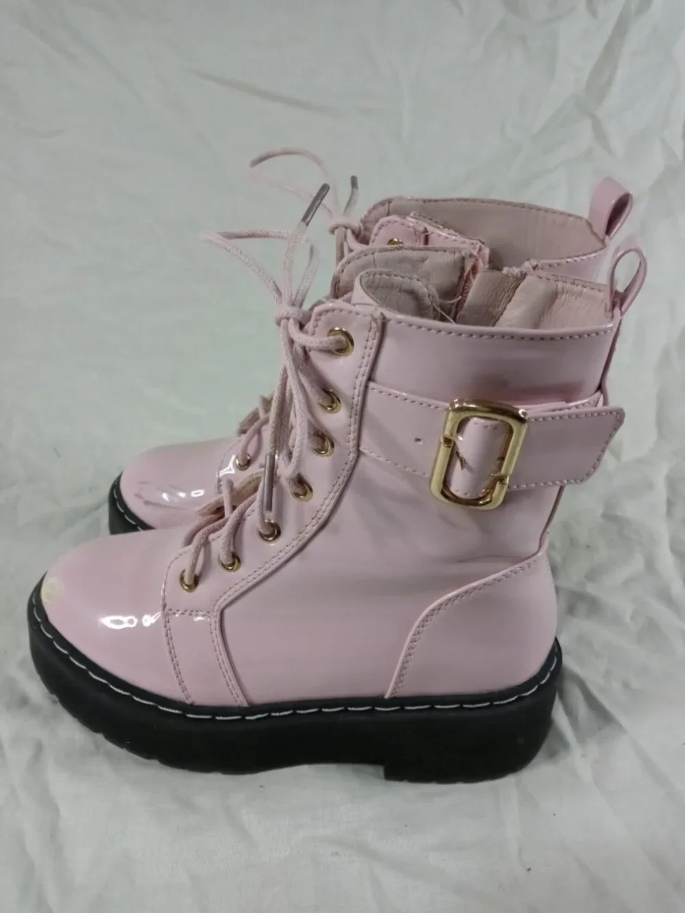 Shein Cute Pink Black Girls Lace & Zip Up Combat Style Boots Size 1 in Good Cond